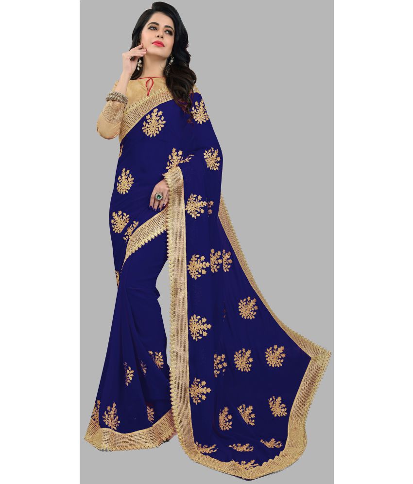     			Om Shantam Sarees - Navy Blue Silk Blend Saree With Blouse Piece ( Pack of 1 )