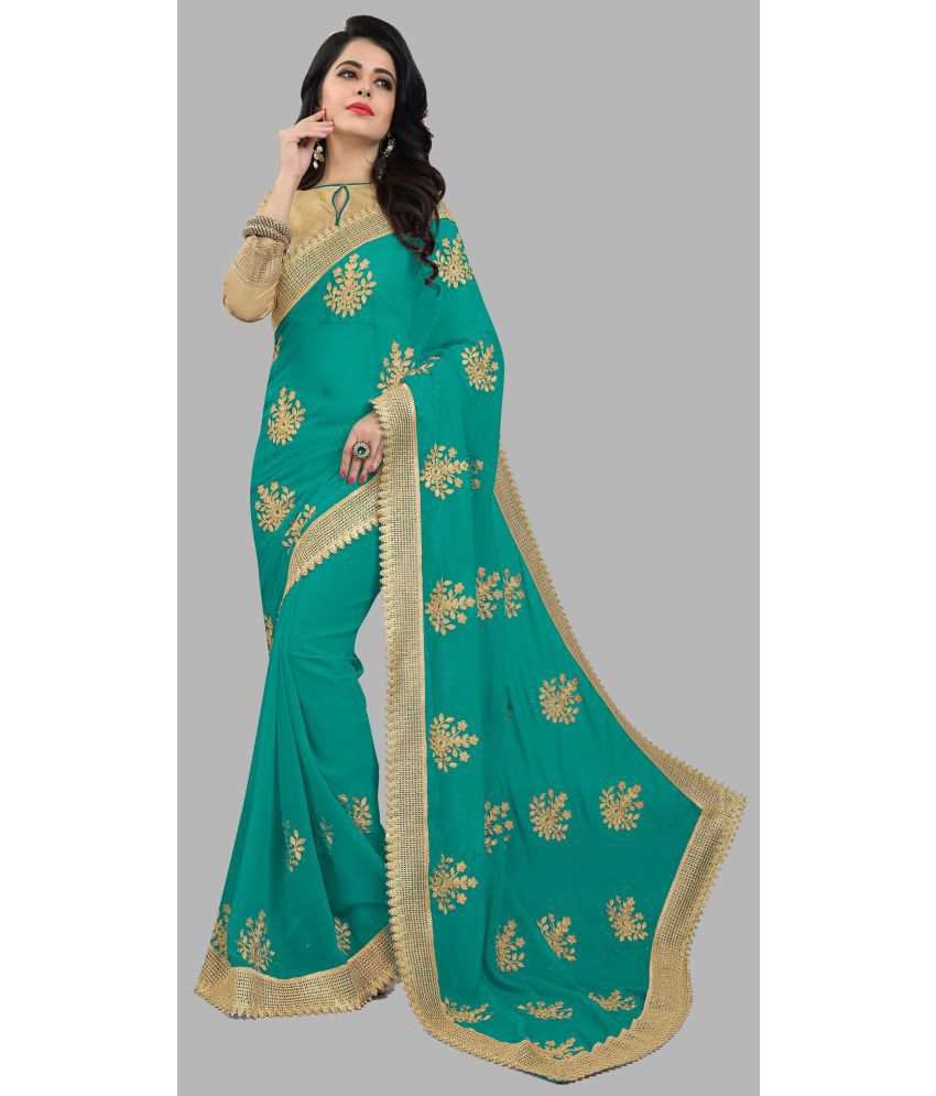     			Om Shantam Sarees - Turquoise Silk Blend Saree With Blouse Piece ( Pack of 1 )