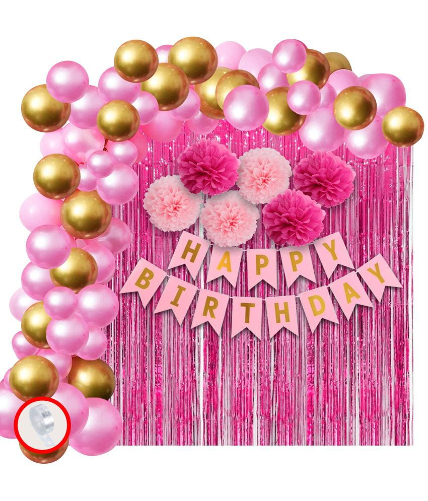     			Happy Birthday Decoration Kit - Pink Birthday Combo With Happy Birthday Paper Banner, Pink Pom Pom, Foil Curtain, Pink/Golden Balloons, Arch For Birthday Decorations For Girls - 49Pcs