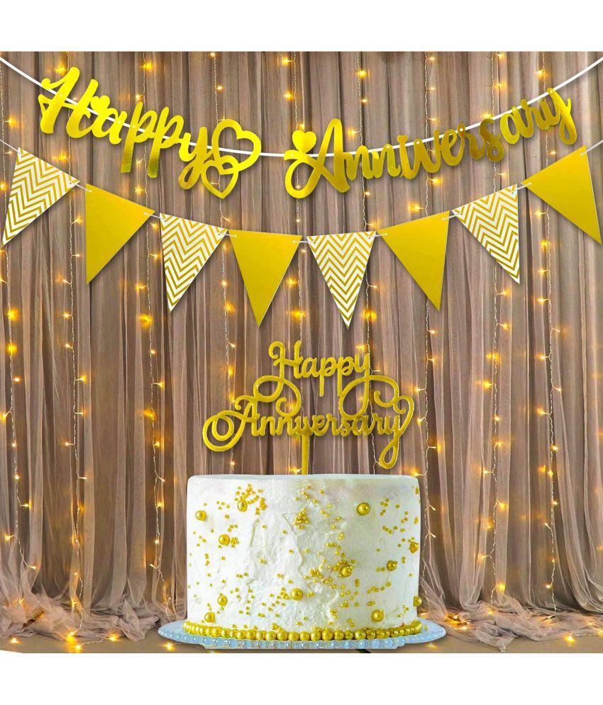 Party Propz Happy Anniversary Decoration Kit For Home Items Golden Combo Set Foil Banner