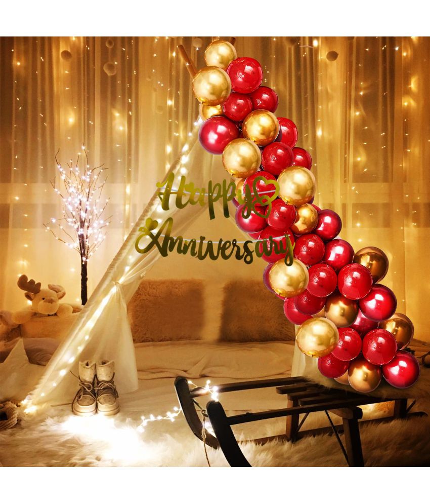     			Party Propz White Decoration Net With Led Fairy Lights And Red/Golden Balloon Combo - Set of 26 Anniversary Party Celebration Wedding and Valentines Day Or Cabana Tent Decoration