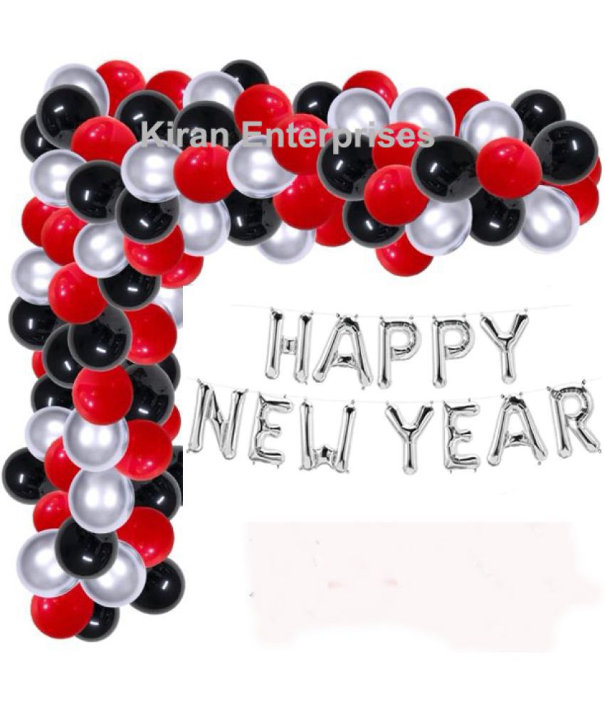     			Kiran Enterprises Happy New Year Foil Letter Balloon ( Silver ) + 30 Metallic Balloon ( Red, Silver, Black )