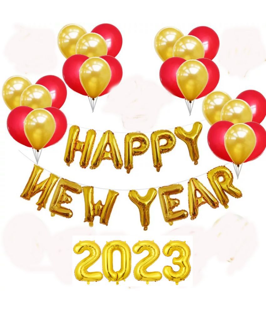     			Kiran Enterprises Happy New Year Foil Letter Balloon ( Gold ) + Foil Number 2023 + 30 Metallic Balloon ( Red, Gold )