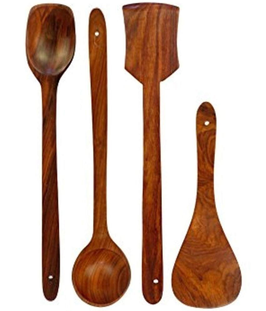 Erum Handmade Wooden Spatula and Laddle Set of 4 for Kitchen Sheesham Wood (Brown)