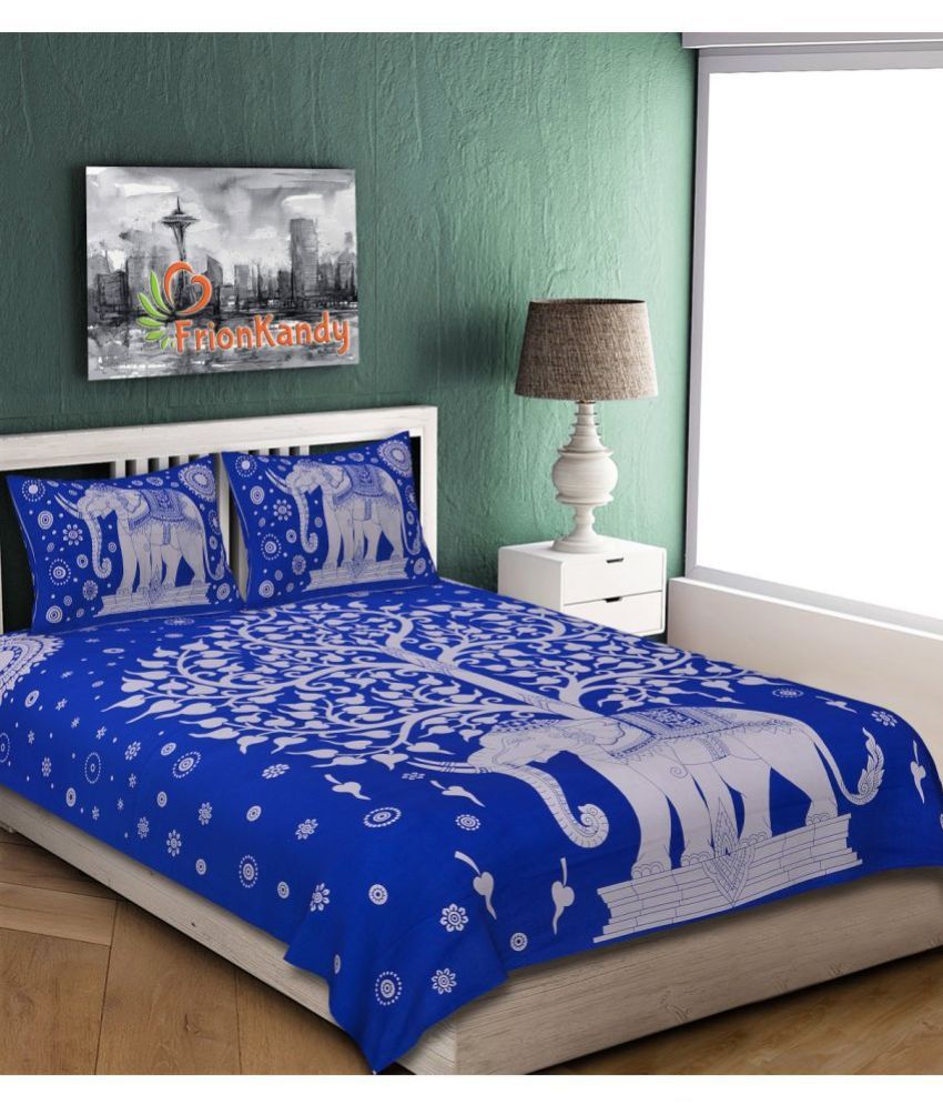     			FrionKandy Living - Blue Cotton Double Bedsheet with 2 Pillow Covers