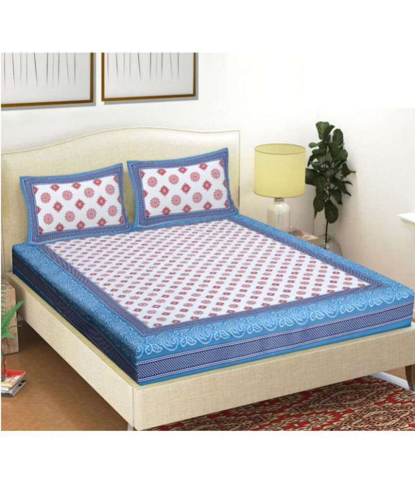     			FrionKandy Living - Blue Cotton Double Bedsheet with 2 Pillow Covers