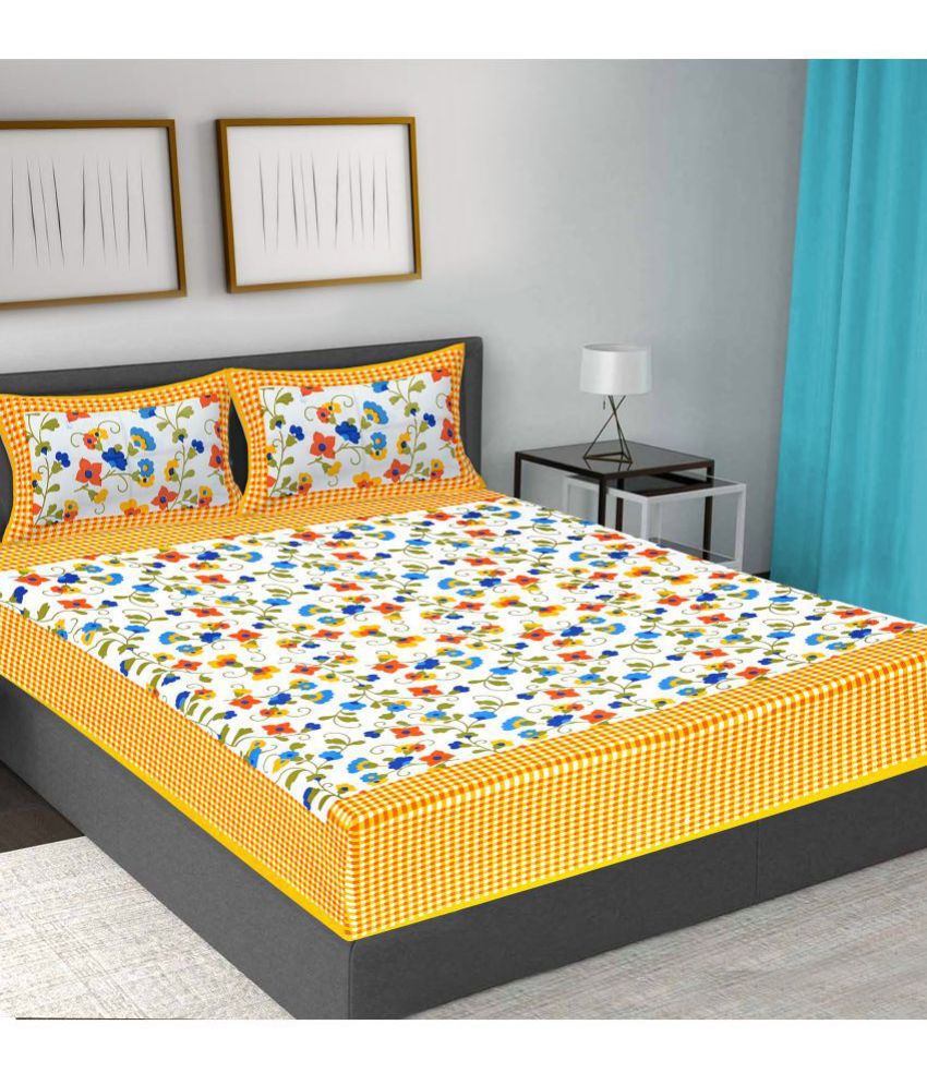     			FrionKandy Living - Yellow Cotton Double Bedsheet with 2 Pillow Covers