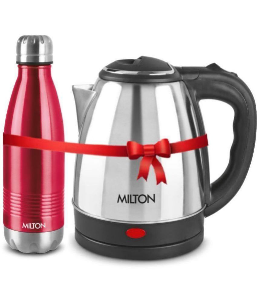     			Milton Combo Set Go Electro Stainless Steel Kettle, 1.2 Litres, Silver and Duo Dlx 1000 Thermosteel Hot and Cold Bottle, 1000 ml, Maroon | Office | Home | Kitchen | Travel Water Bottle