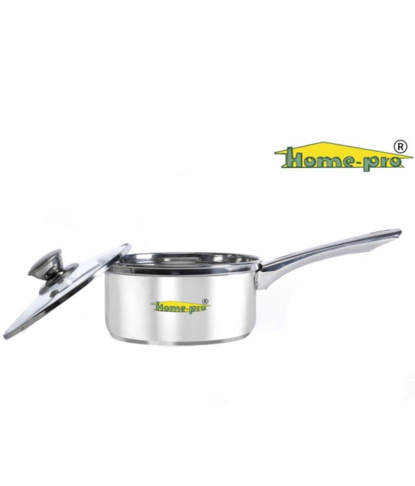     			HomePro - Premium High grade Stainless Steel Sauce-pan with steel handle & glass lid, 16cm, 1.6l | Flat base | Gas stove and induction compatible | Dishwasher safe | food-safe | Silver