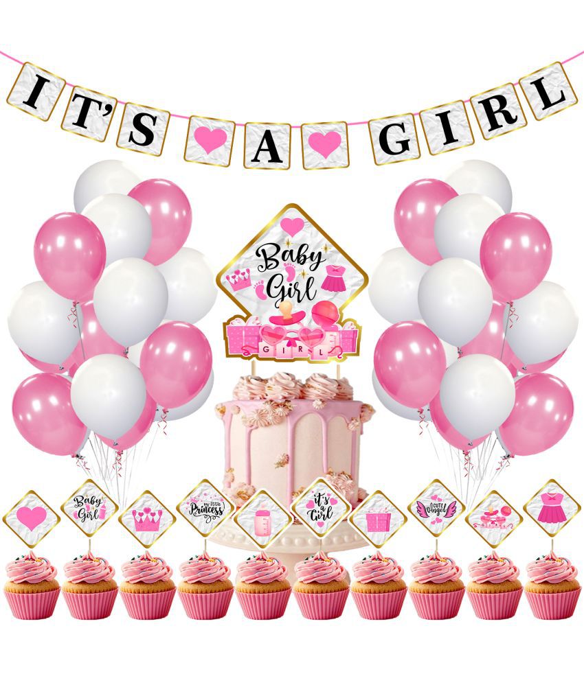     			Zyozi It’s A Girl Banner with Cake Topper, Cup Cake Topper and Balloons for Girl Baby Shower - Baby Shower Decorations,Its A Girl Decoration,Best Girl Birthday Party Supplies (Pack of 37)
