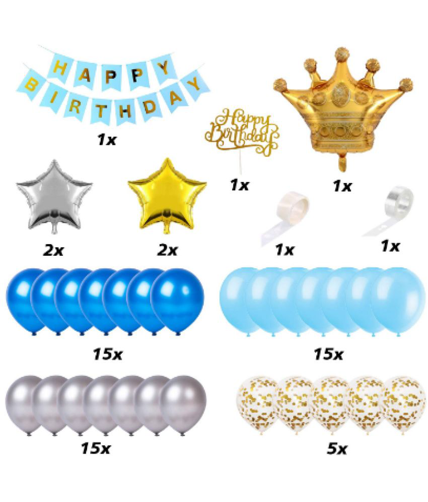     			Jolly Party blue Happy Birthday Decoration combo- 59 pcs Boys Set Banner, Balloon, Metallic, Confetti, Crown Foil and Glitter Cake Topper for Boys