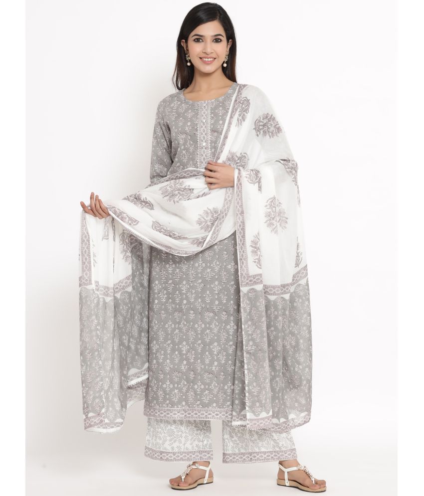     			KIPEK - Grey Straight Cotton Women's Stitched Salwar Suit ( Pack of 1 )