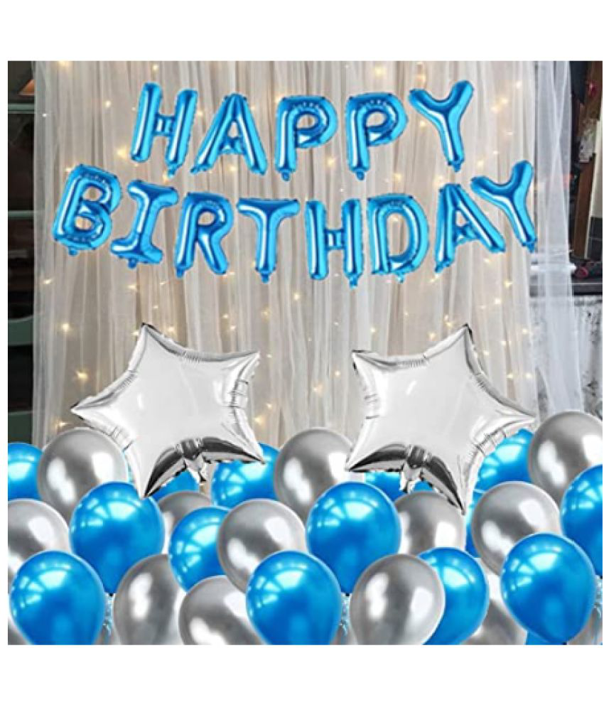     			Jolly Party  silver blue Happy Birthday Decoration Combo Kit with banner balloons stars 35 pcs for Birthday Decoration