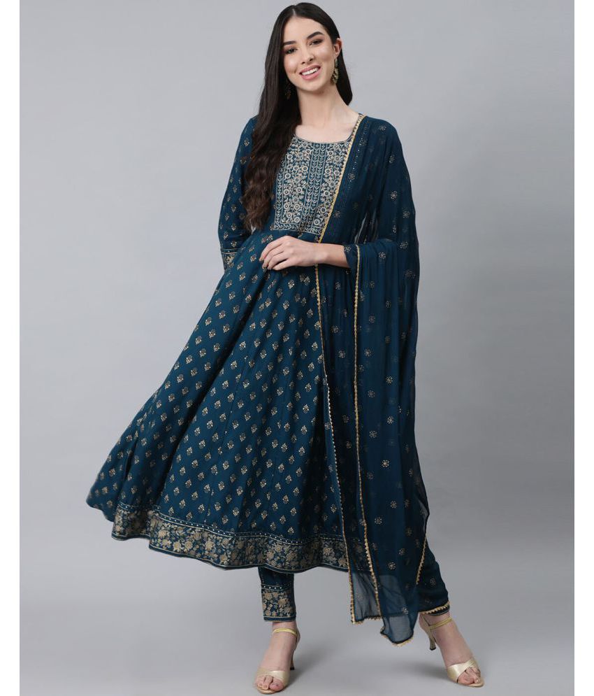     			Kbz - Blue Anarkali Cotton Women's Stitched Salwar Suit ( Pack of 1 )