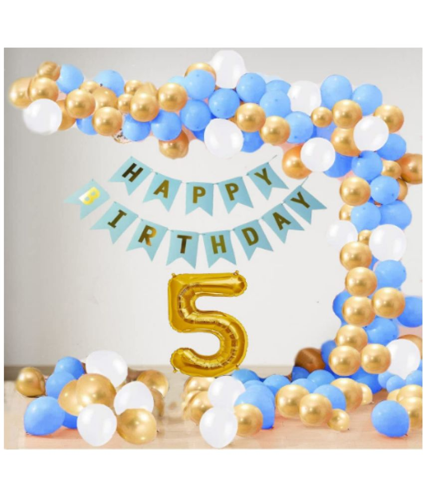     			Jolly Party  5 Year Decoration kit For Boy and Girl Happy-Birthday 62 Pcs Combo Items 20 golden, 20 White 20 Blue balloons and 13 letter happy birthday banner and 5 letter golden foil balloon.