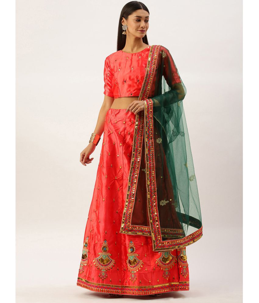     			Om Shantam Sarees Red,Green Silk Blends Chaniya Choli Semi Stitched Lehenga Single