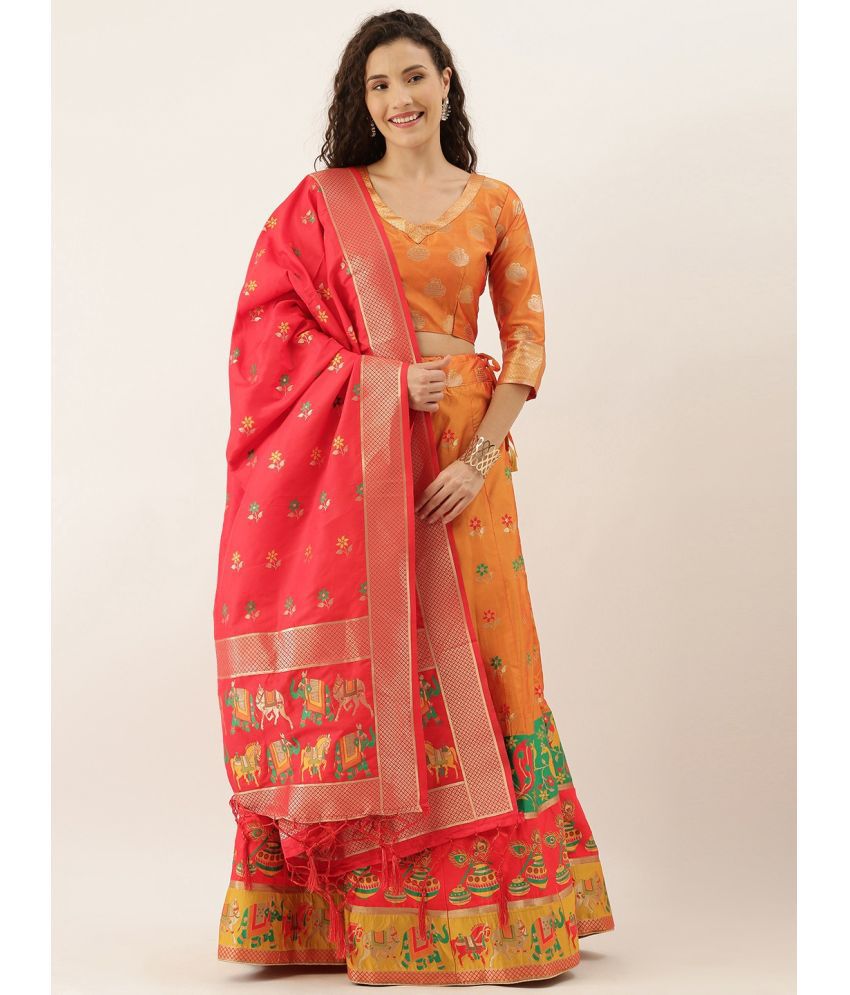     			Om Shantam Sarees Yellow,Pink Art Silk Chaniya Choli Semi Stitched Lehenga Single