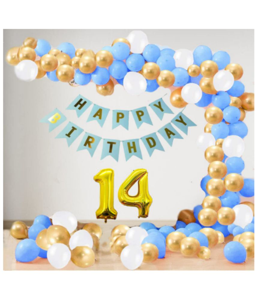     			Jolly Party  14 Year Decoration kit For Boy and Girl Happy-Birthday 62 Pcs Combo Items 20 golden, 20 White 20 Blue balloons and 13 letter happy birthday banner and 14 letter golden foil balloon.