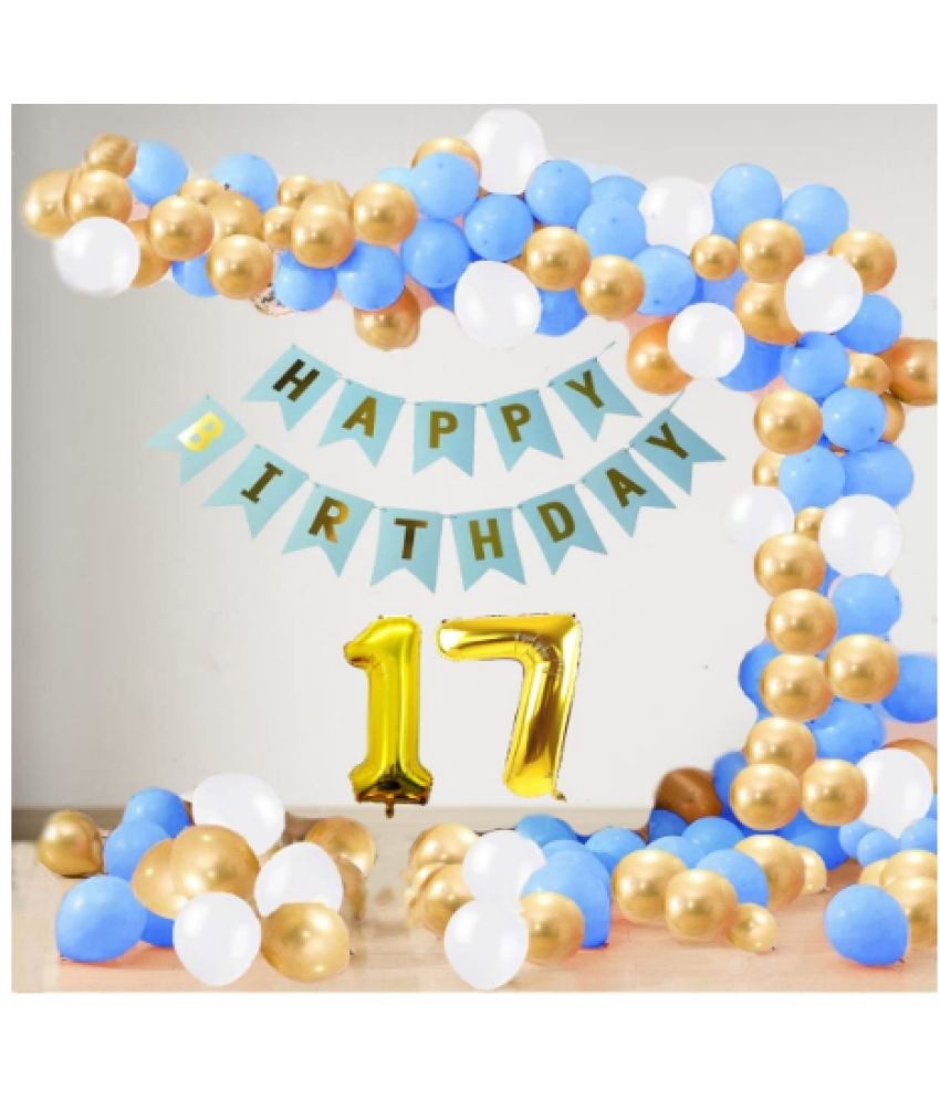     			Jolly Party  17 Year Decoration kit For Boy and Girl Happy-Birthday 62 Pcs Combo Items 20 golden, 20 White 20 Blue balloons and 13 letter happy birthday banner and 17 letter golden foil balloon.