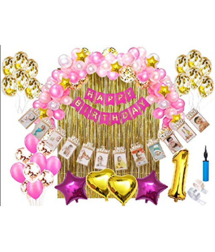     			Jolly Party  1st Birthday Decoration Combo-107 Pcs-Pink Bunting Banner+1-12 Months Photo Banner(12)+Golden Foil 1no (1)+Golden Foil Curtain(1)+Gold Foil Star 5"(10)+Foil Star Pink(2)