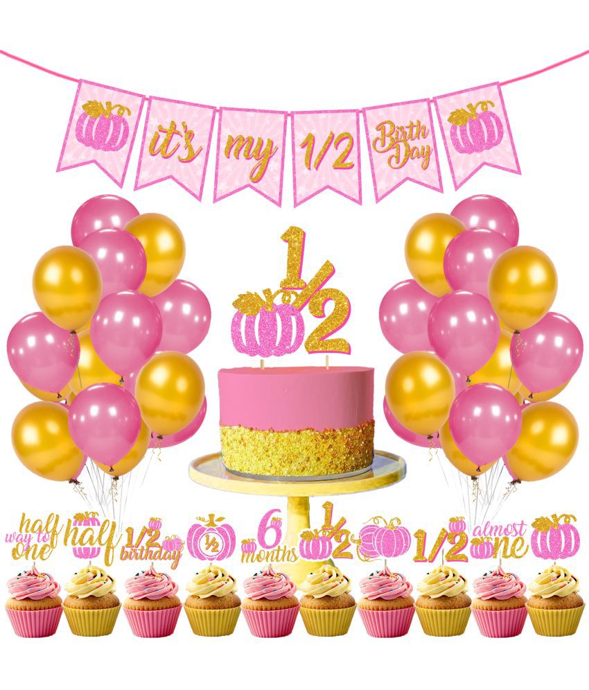     			Zyozi It's My 1/2 Birthday Banner Pumpkin Half Birthday Cake Topper, Cup Cake Topper with Balloons 6 Months Photo Props Decorations for Baby Shower Halloween Party Decorations (Pack of 37)