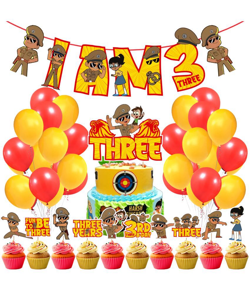     			Zyozi Little Singham Party Supplies,Litlle Singham 3rd Birthday for Boys with I AM THREE Banner Cake Topper Cupcake Toppers Balloons Birthday Decoration Kit (Pack of 37)