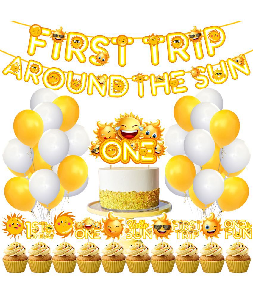     			Zyozi You're My Sunshine First Birthday Party Decoration With First Trip Around the Sun Birthday Banner,Cake Topper ,Cup Cake Topper and Balloon for Baby Girl Boy 1st Birthday (Pack of 37)