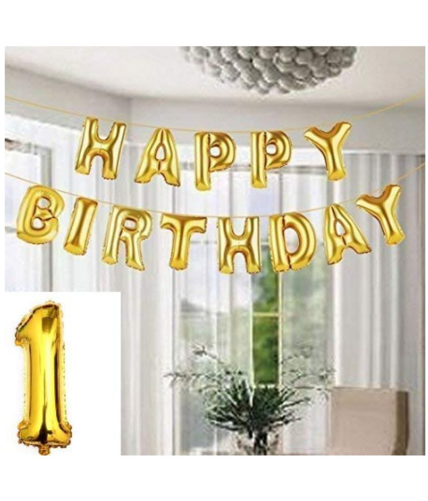     			Jolly Party  "Happy Birthday" Golden Foil Balloon (Pack of 13 Letters)+Golden Letter 1 Foil Balloon (Combo 1+1)