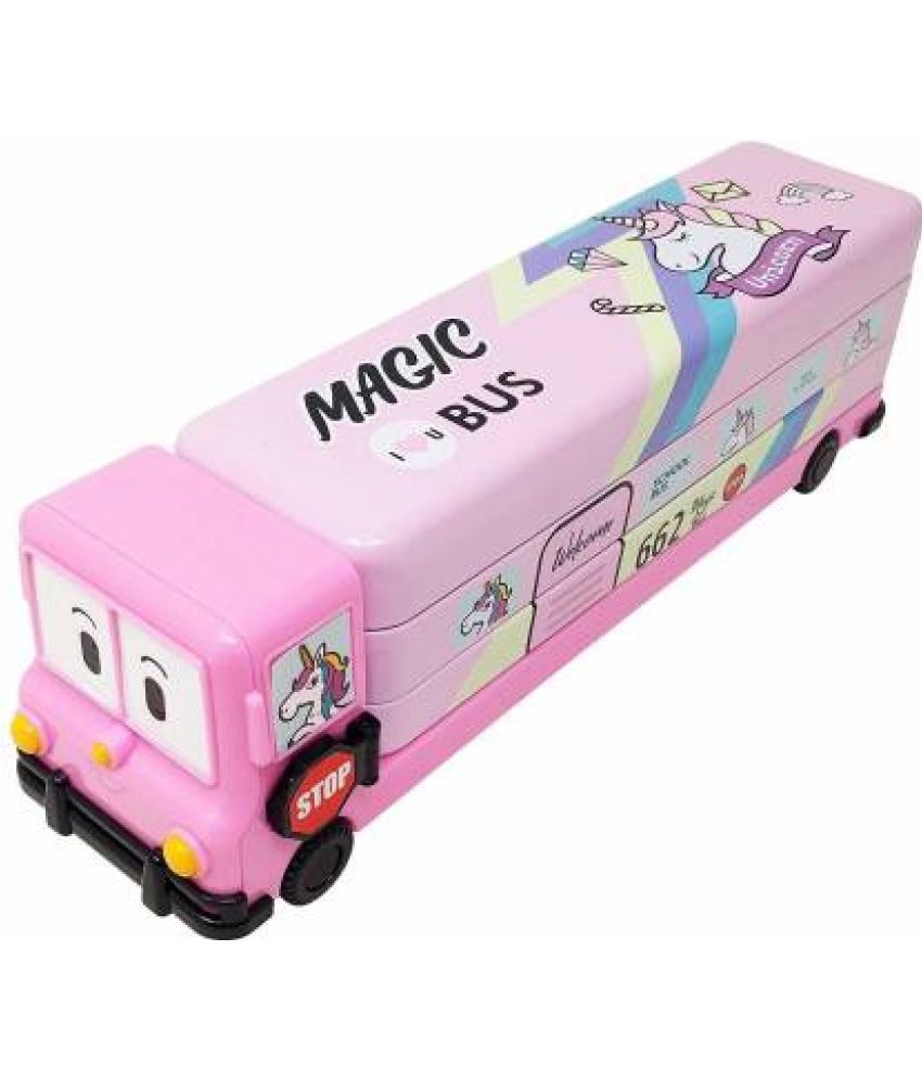     			Pink Magic Bus Shape with Rotating Wheels Art Metal Pencil Box  (Set of 1, Pink)