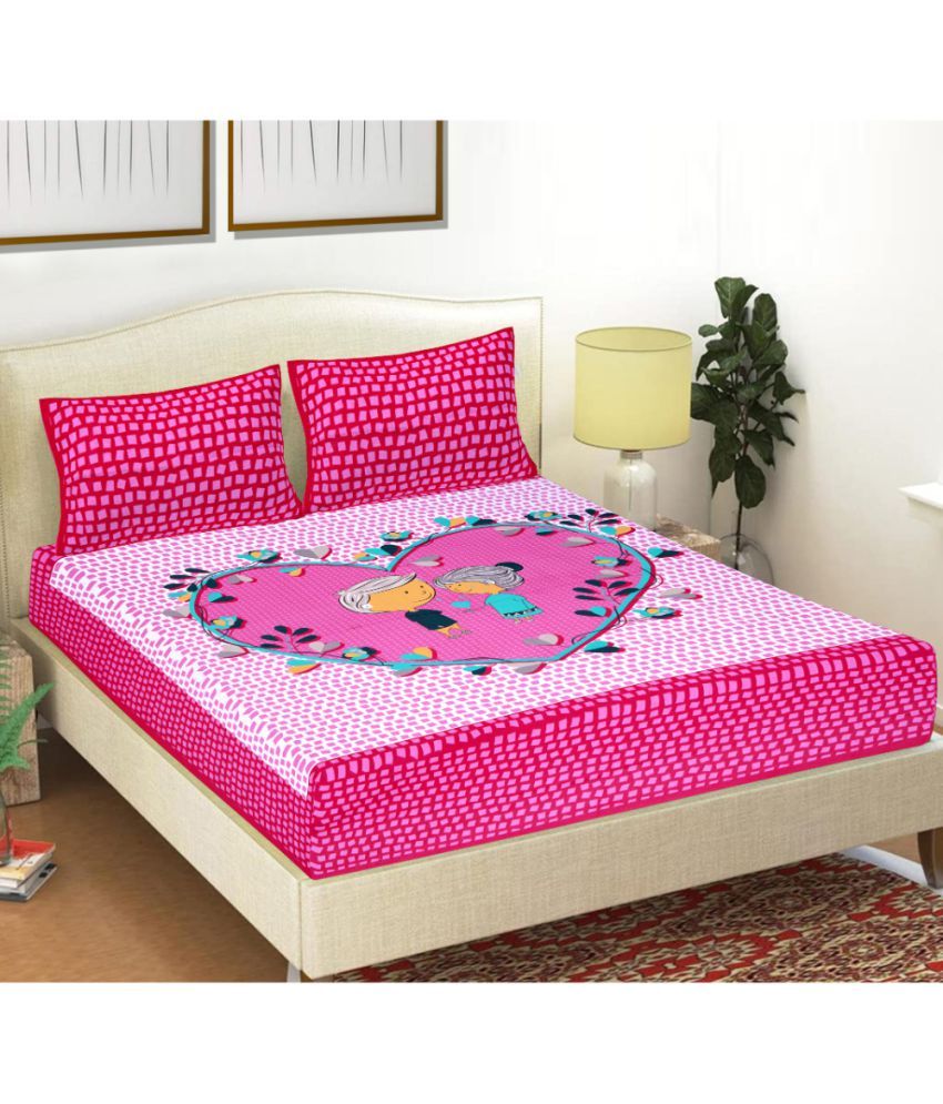     			FrionKandy Living - Pink Cotton Double Bedsheet with 2 Pillow Covers