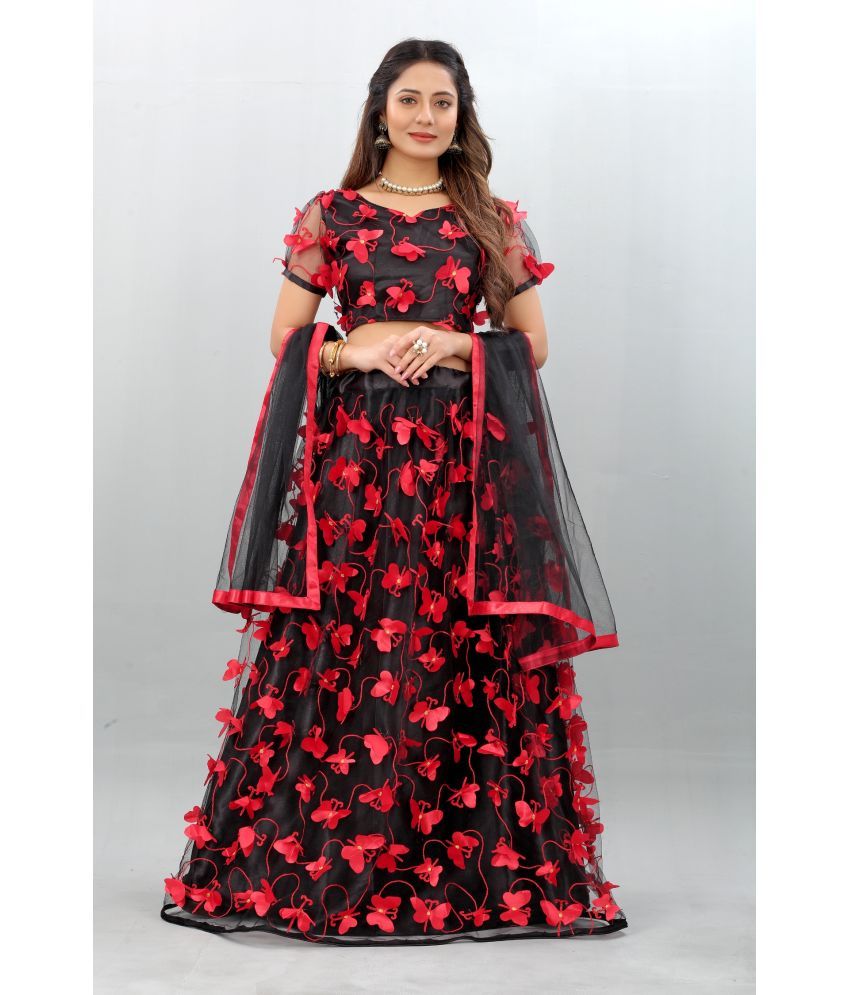     			Apnisha Black Net A-line Semi Stitched Lehenga