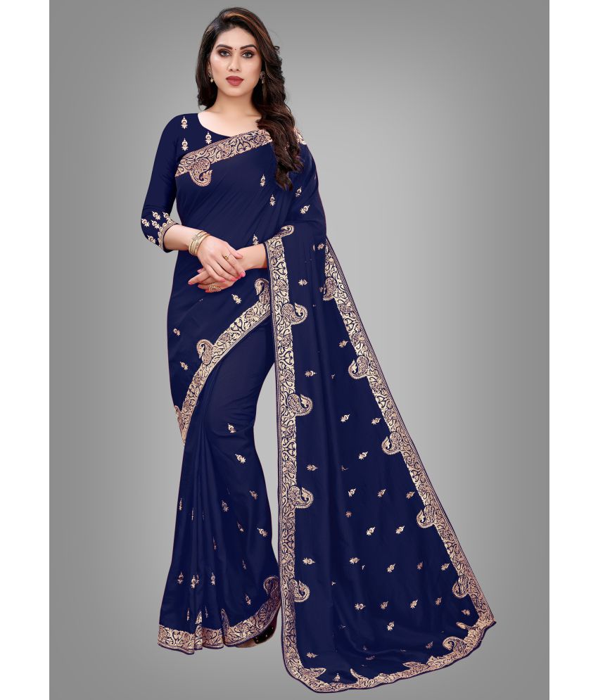     			Om Shantam Sarees - Navy Blue Silk Blend Saree With Blouse Piece ( Pack of 1 )