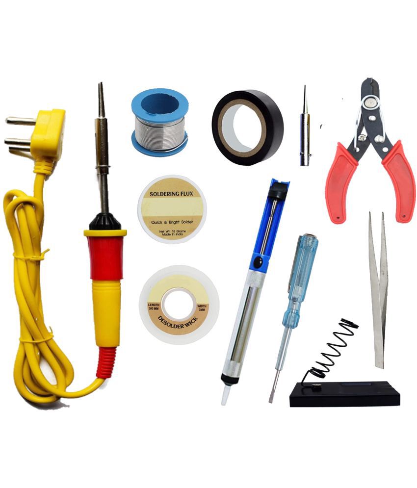     			ALDECO: ( 11 in 1 ) SOLDERING IRON 25 Watt Professional Kit - Yellow Iron, Wire, Flux, Wick, stand, Cutter, Tape, Tweezer, Bit, Desoldering Pump, Tester