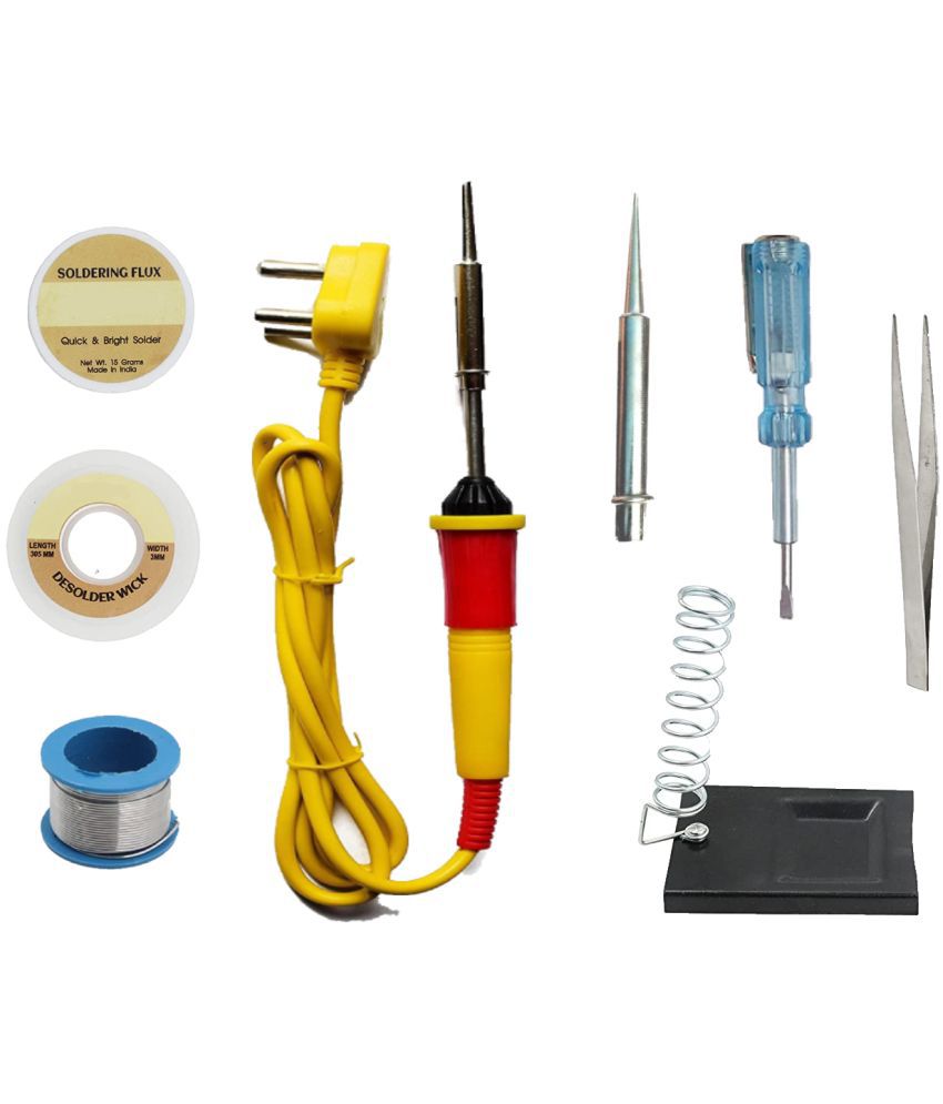     			ALDECO: ( 8 in 1 ) SOLDERING IRON 25 Watt Professional Kit - Yellow Iron, Wire, Flux, Wick, Stand, Tweezer, Tester, Bit