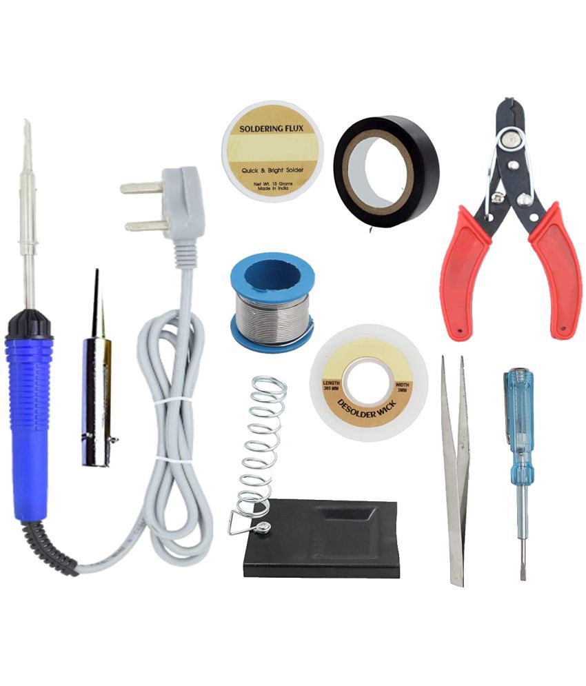     			ALDECO: ( 10 in 1 ) SOLDERING IRON 25 Watt Professional Kit -Blue Iron, Wire, Flux, Wick, Stand,Tape, Tweezer, Tester, Bit, Cutter