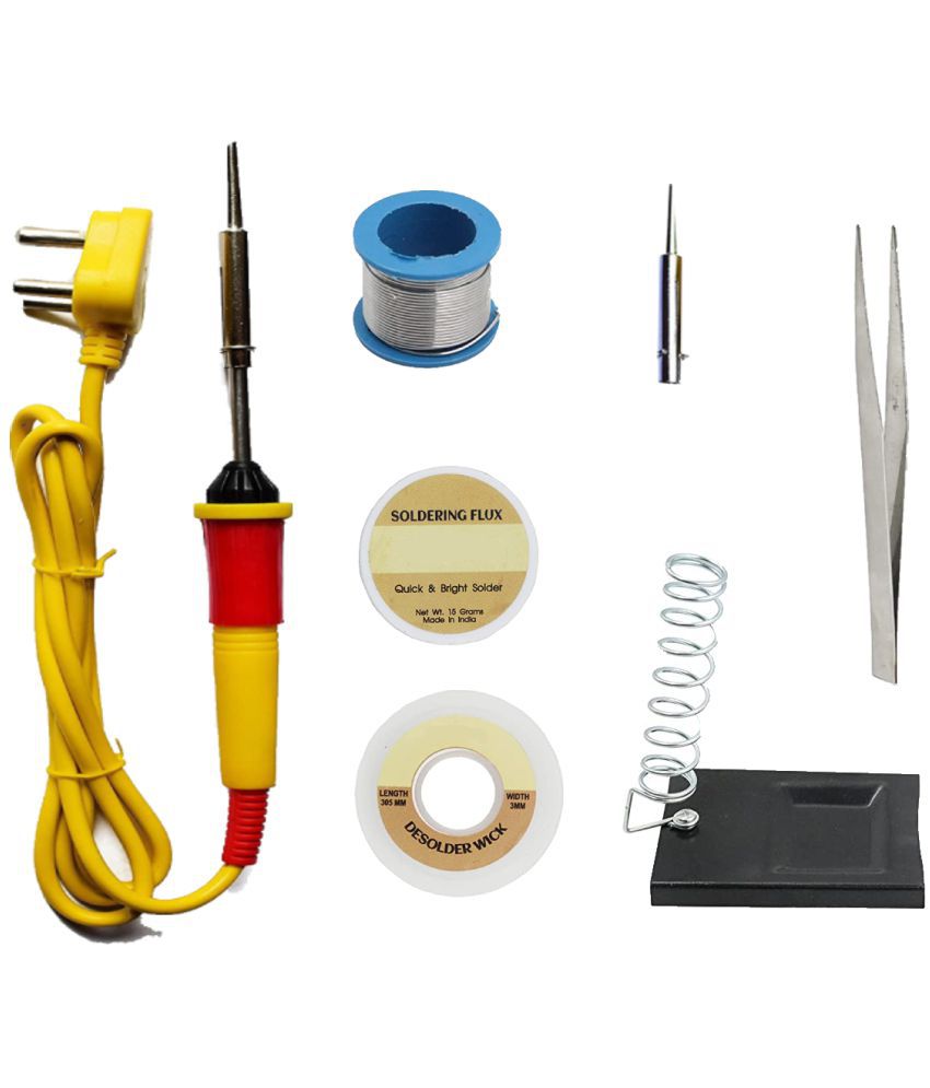     			ALDECO: ( 7 in 1 ) SOLDERING IRON 25 Watt Professional Kit -Yellow Iron, Wire, Flux, Wick, Stand, Bit, Tweezer