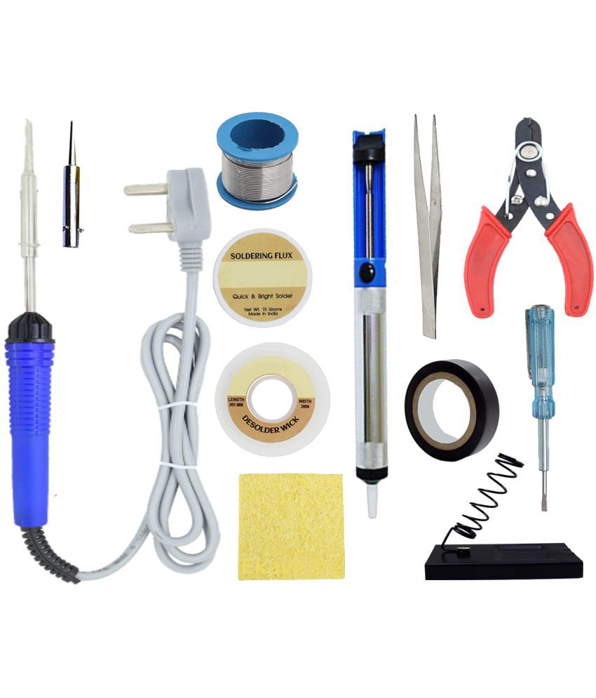     			ALDECO: ( 12 in 1 ) SOLDERING IRON 25 Watt Professional Kit -Blue iron, Wire, Flux, Wick, Stand, Cutter, Sponge, Bit, Desoldering Pump, Tweezer, Tape, Tester