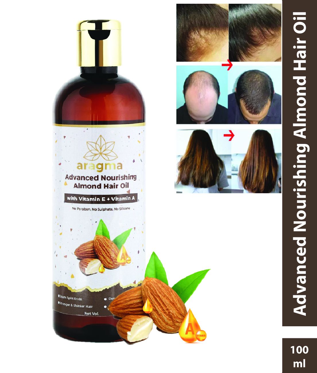 Aragma Hair regrowth and anti hair fall Almond/Badaam Vitamin E & A Hair oil, 100ml: Buy Aragma Hair regrowth and anti hair fall Almond/Badaam Vitamin E & A Hair oil, 100ml at Aragma Hair regrowth and anti hair fall Almond/Badaam Vitamin E & A Hair oil, 100ml: Buy Aragma Hair regrowth and anti hair fall Almond/Badaam Vitamin E & A Hair oil, 100ml at