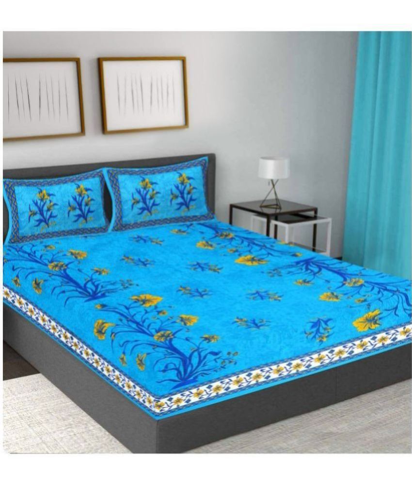     			HOMETALES Cotton Floral Double Bedsheet with 2 Pillow Covers-Blue