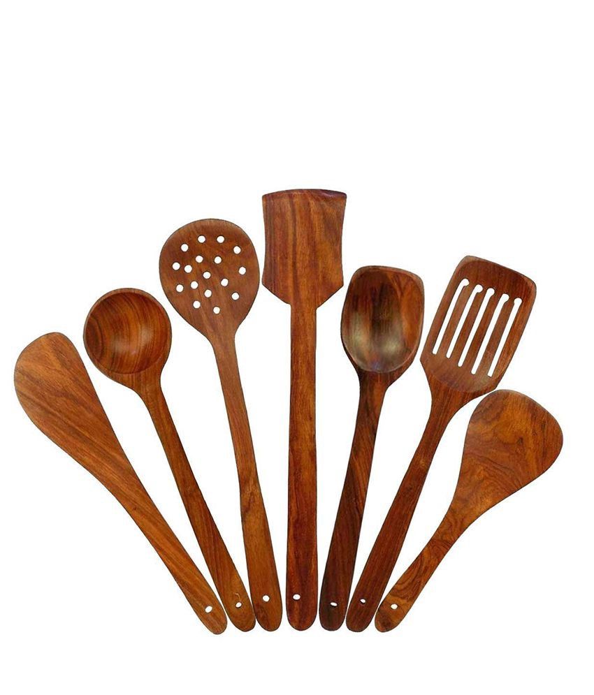     			KC Wooden Cooking Spatula & Serving Spoon Non-Stick Kitchen Utility Set of 7 Large and Sturdy