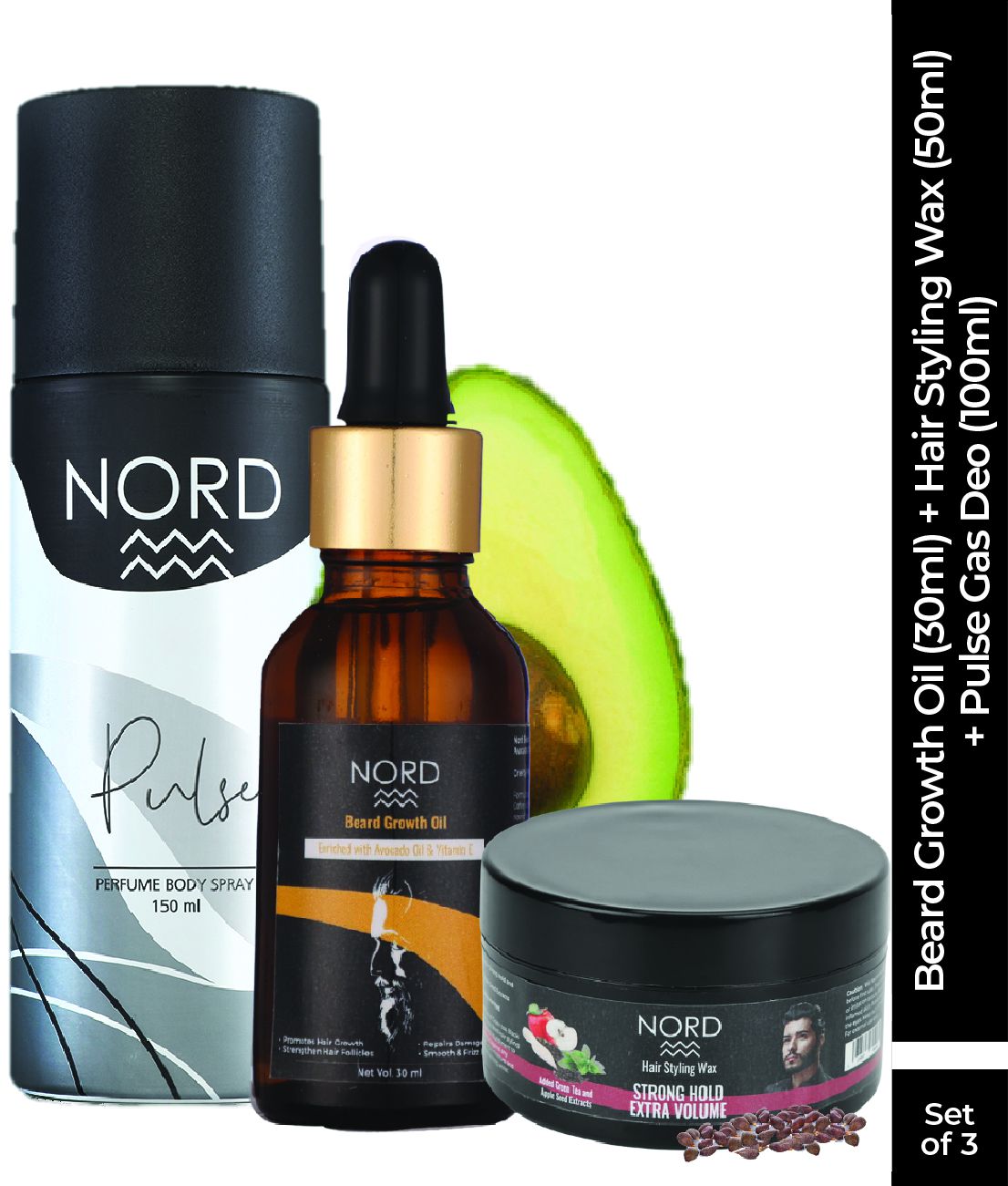 Nord Beard Growth Oil + Hair Styling Wax + Pulse Gas Deo | Pack of 3