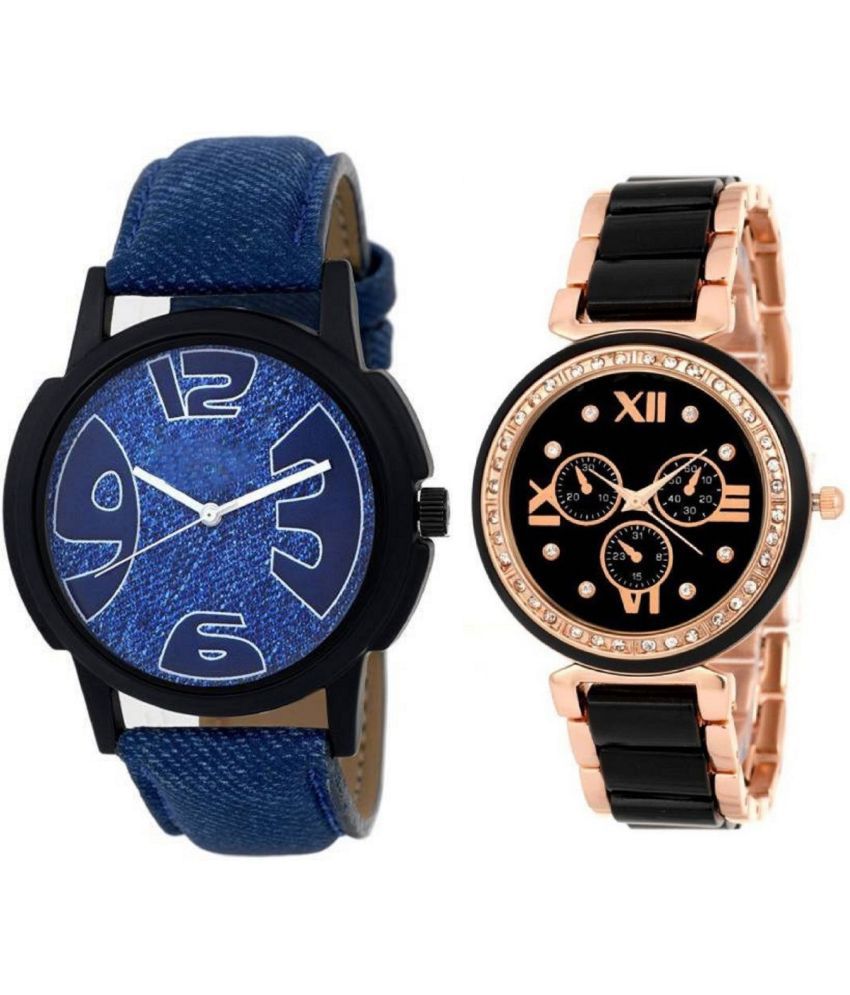     			newmen - Blue Leather Analog Couple's Watch
