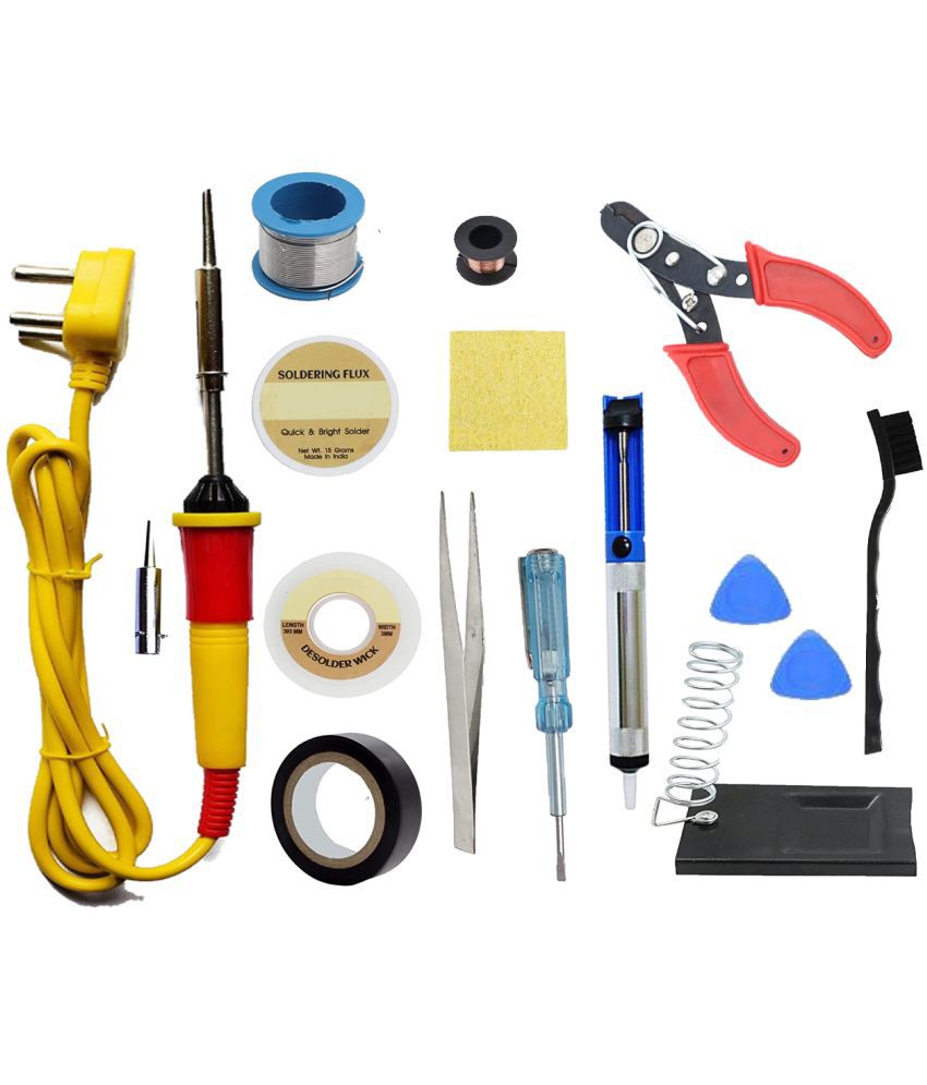     			ALDECO: ( 16 in 1 ) 25 Watt Soldering Iron Kit With - Yellow Iron, Wire, Flux, Wick, Stand, Jumpimg Wire, Tape, Cutter, Brush, Tester, Desoldering Pump, 2 Clip, Bit, Tweezer, Sponge
