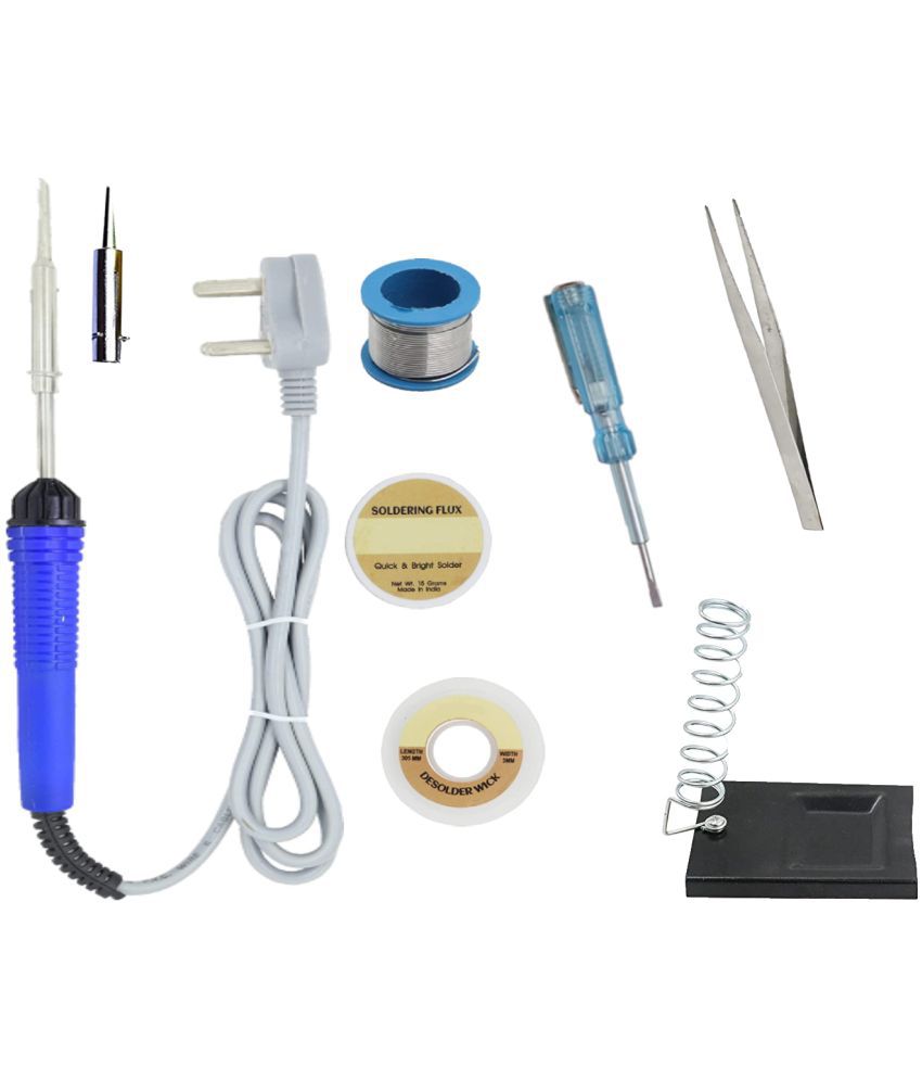     			ALDECO: ( 8 in 1 ) Soldering Iron Kit contains- Blue iron, Wire, Flux, Wick, Stand, bit, Tweezer, Tester
