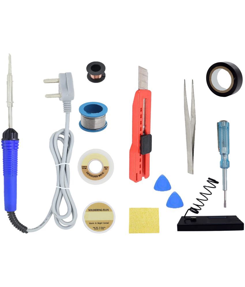     			ALDECO: ( 13 in 1 ) Soldering Iron Kit contains- Blue Iron, Wire, Flux, Wick, Stand,Cutter Blade, Tweezer, Tester, Sponge, 2 Clip, Jumping Wire, Tape