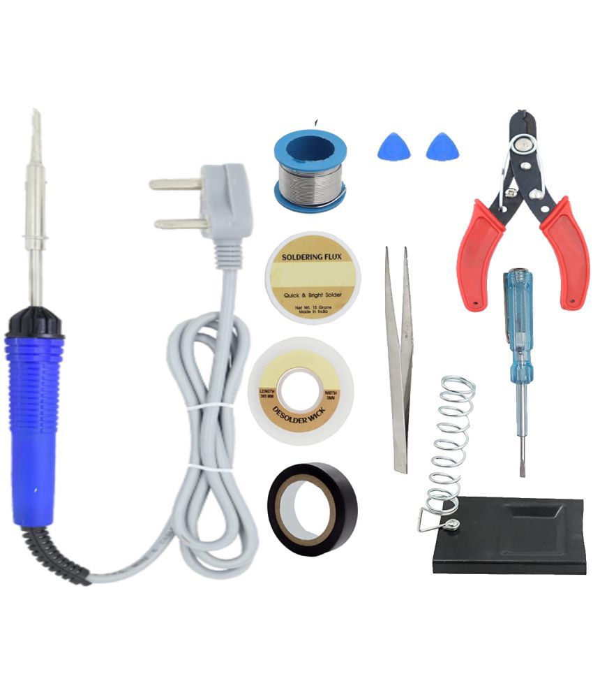     			ALDECO: ( 11 in 1 ) SOLDERING IRON 25 Watt Professional Kit - Blue Iron, Wire, Flux, Wick, Stand, Tape, 2 Clip, Tester, Tweezer, Cutter