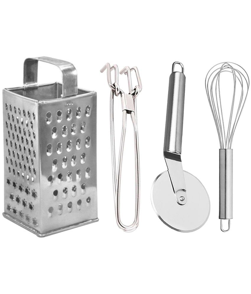     			JISUN - Silver Stainless Steel Grater-Pakkad-Pizza Cutter- Whisk ( Set of 4 )