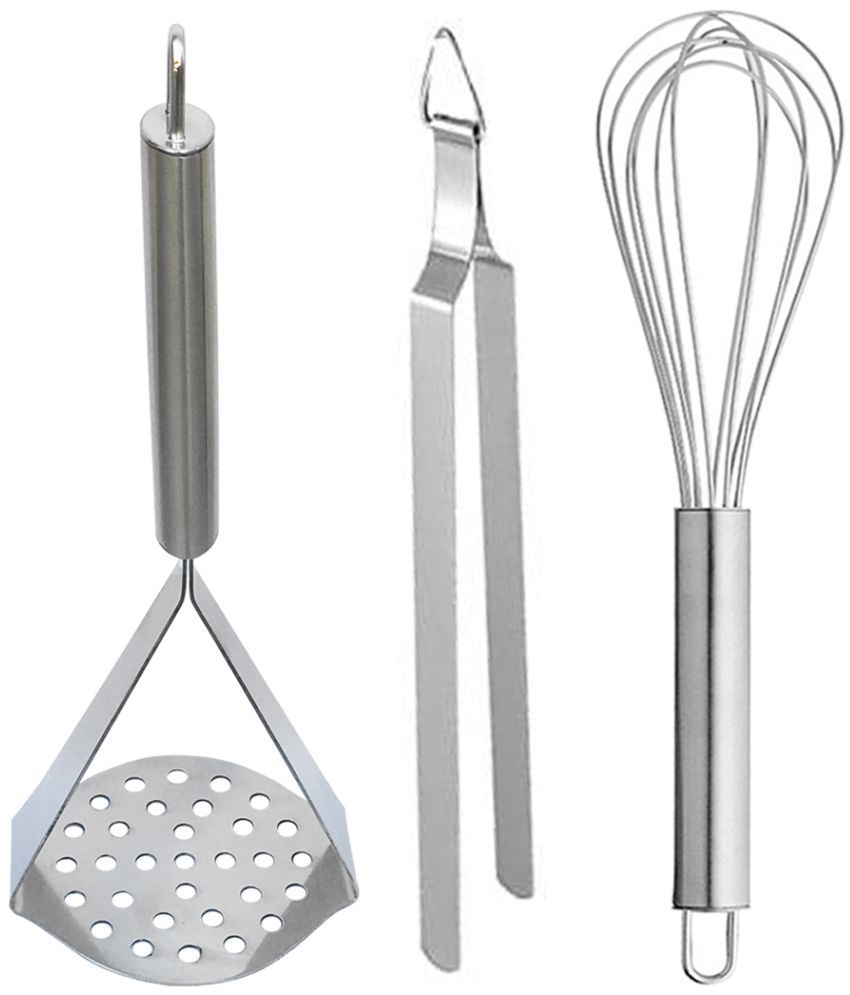     			JISUN - Silver Stainless Steel Potato Masher & Egg Whisk & Roti Chimta ( Set of 3 )