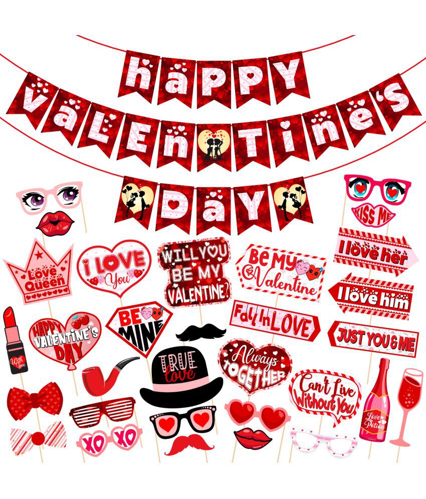     			Zyozi Valentines Day Photo Booth Props 31 PCS DIY Funny Disguise Props Valentines Day Decorations with 1 Happy Valentine Day Banner - Valentines Photography Props Wedding Photo Props