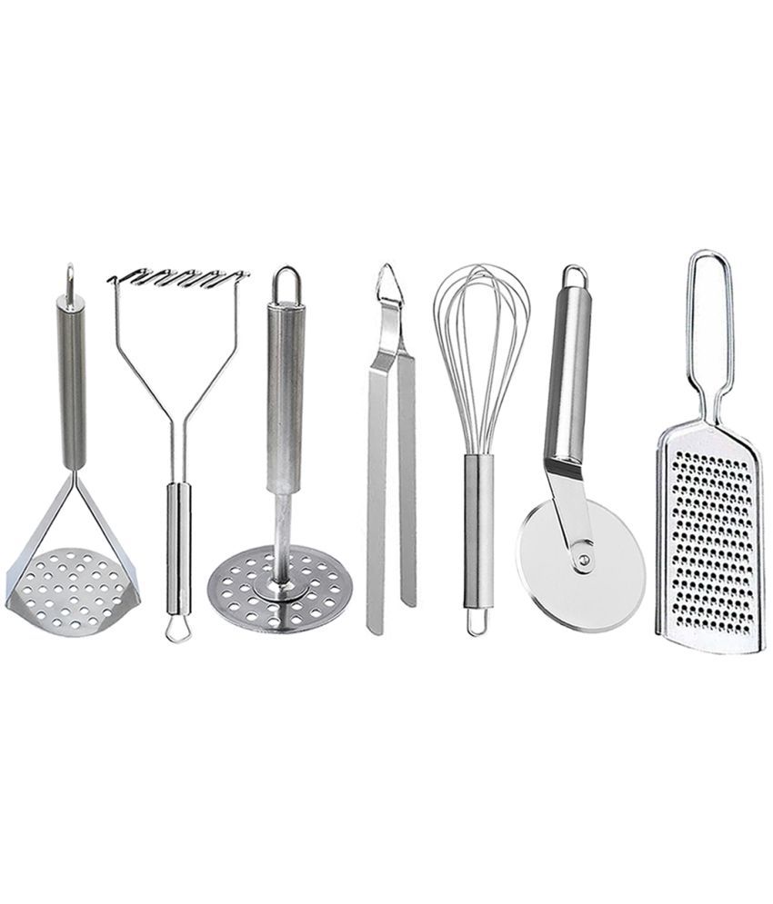     			JISUN - Silver Stainless Steel 3 Masher & Chimta & Whisk & Pizza Cutter & Grater ( Set of 7 )